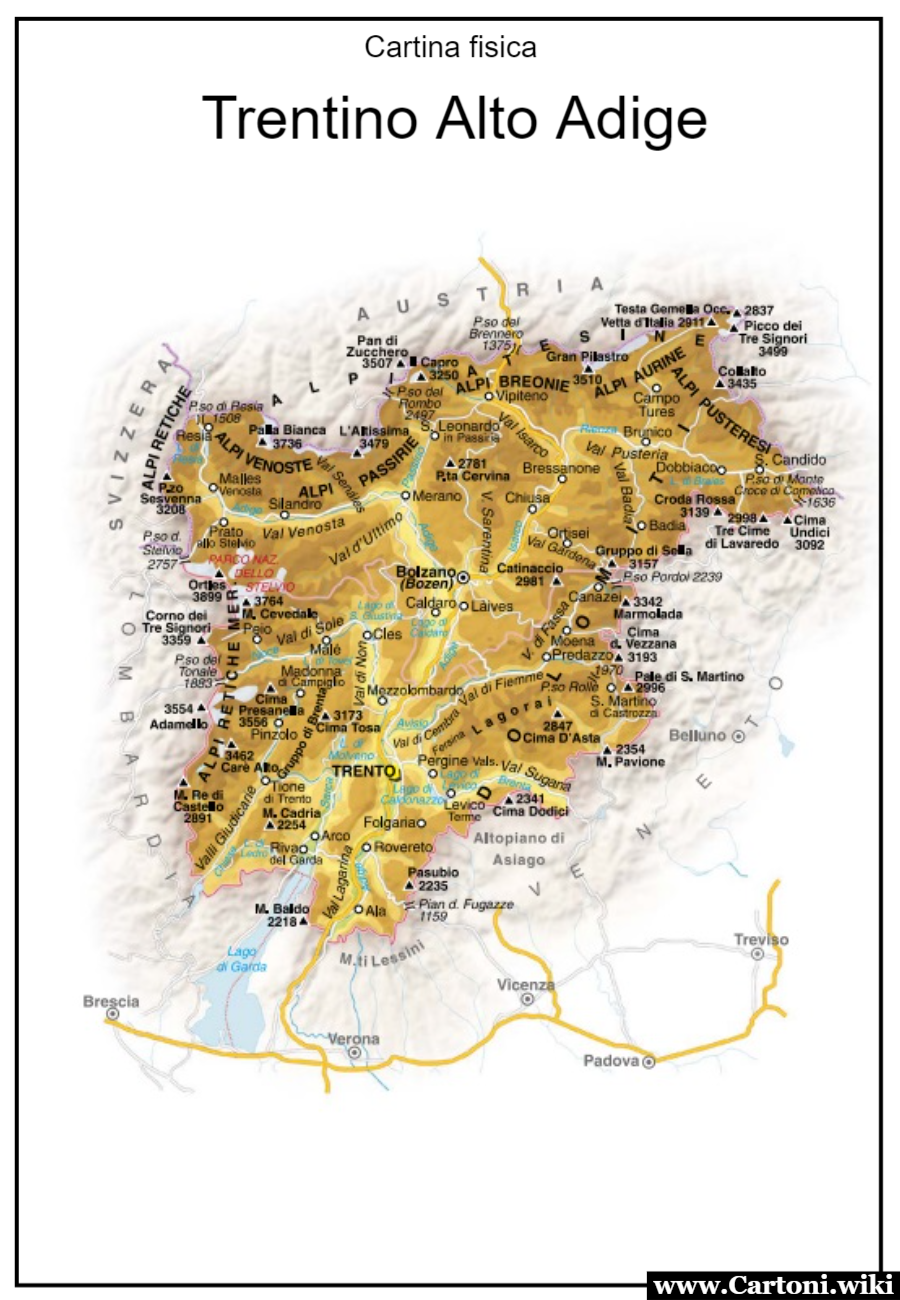 Trentino-Alto Adige: cartina fisica da stampare