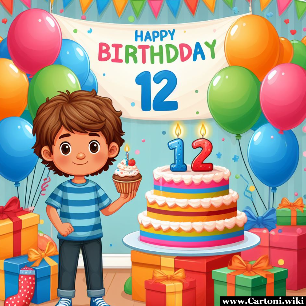 Happy birthday 12 years old Happy birthday 12 anni. Nell'immagine, vedrete un radiante ragazzo festeggiare il suo dodicesimo compleanno. La scena  illuminata da sorrisi contagiosi, colori vivaci e una torta decorata con candeline numerate 