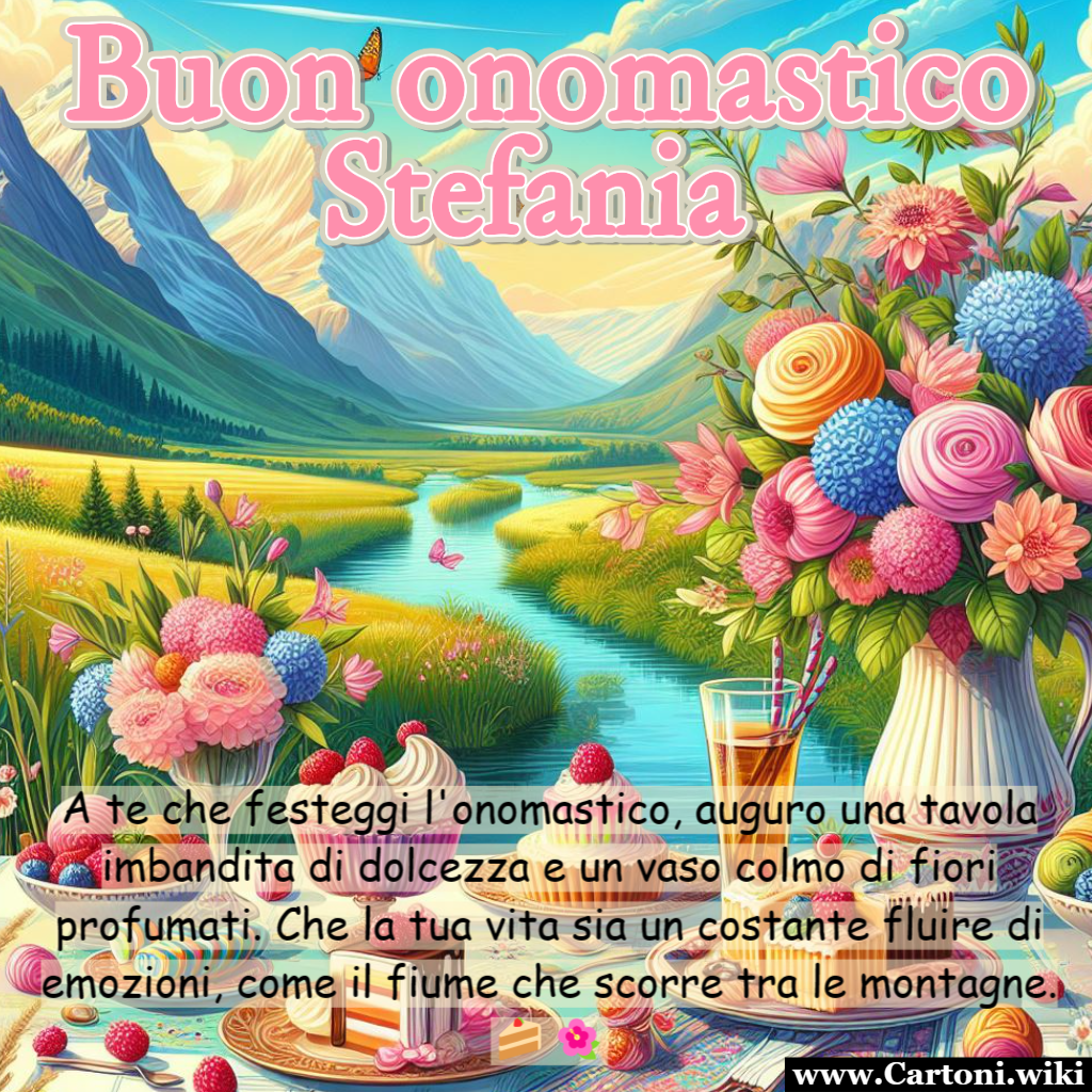 Buon onomastico Stefania con dolci, fiori e panorami mozzafiato