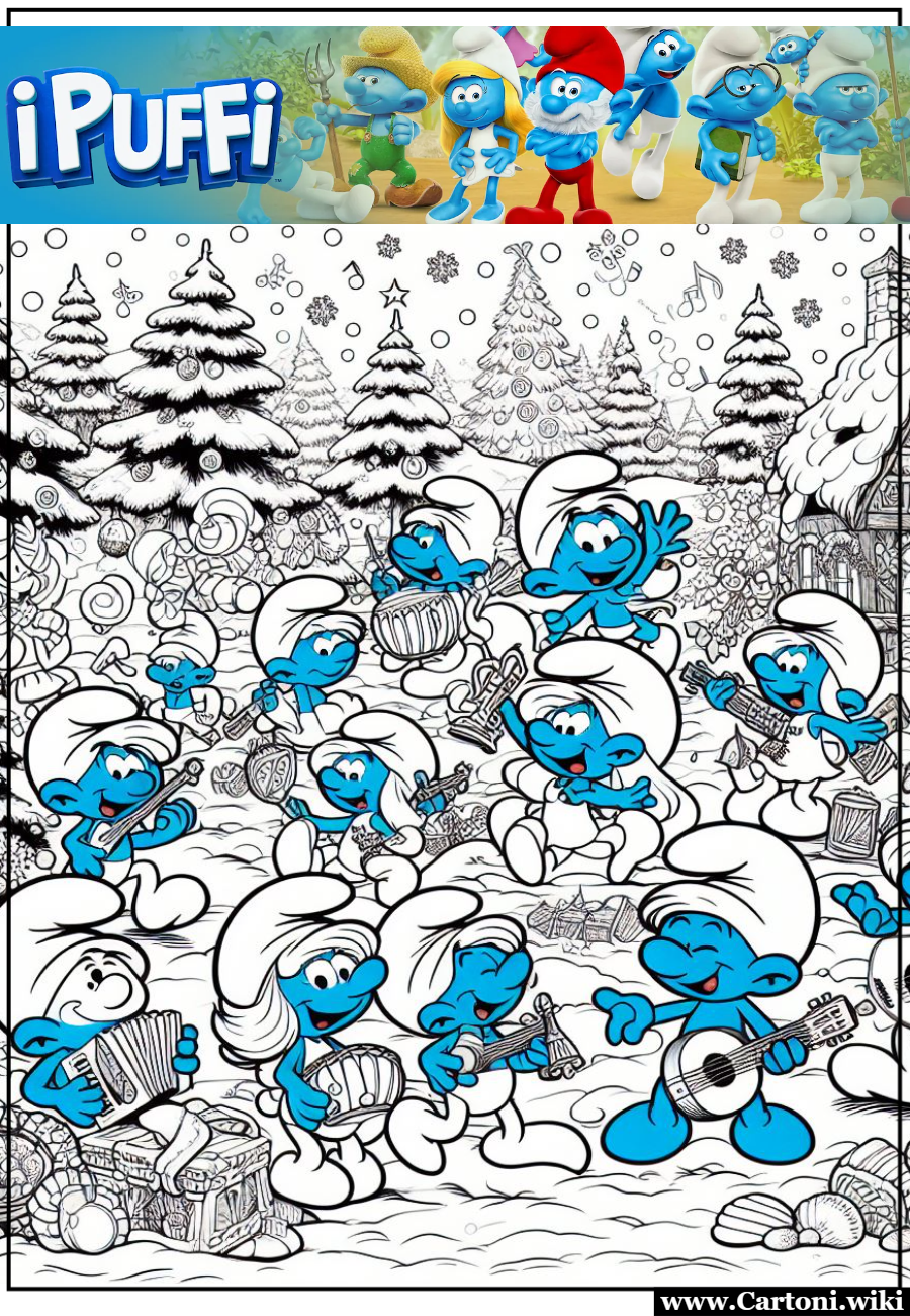 Colora i Puffi mentre giocano con la neve Disegni da colorare dei Puffi che giocano allegri nel loro villaggio durante le feste di Natale quando gli alberi sono tutti innevati - Immagini gratis