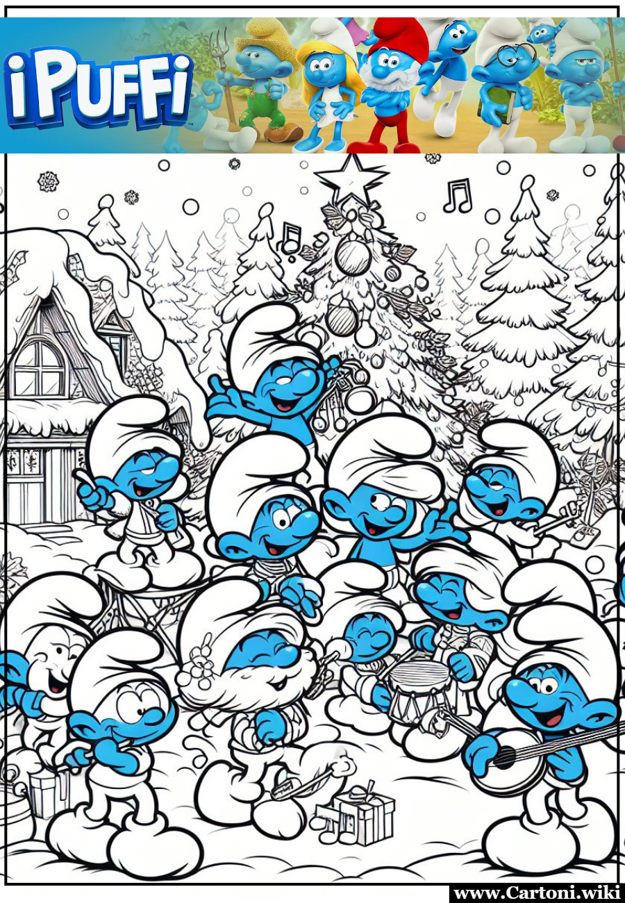 I puffi: disegno da colorare mentre giocano nel loro villaggio Disegno da colorare de I Puffi mentre giocano e si divertono nel loro villaggio con la neve e l'albero di Natale - Immagini gratis