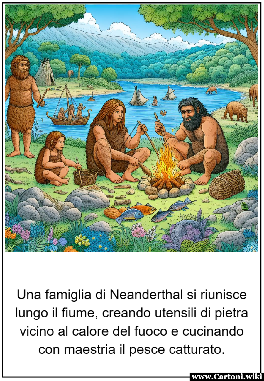 I Neanderthal: Una Scena di Vita Lungo il Fiume Disegni educativi per imparare la storia. Una famiglia di Neanderthal si riunisce lungo il fiume, creando utensili di pietra vicino al calore del fuoco e cucinando con maestria il pesce catturato. - Immagini gratis
