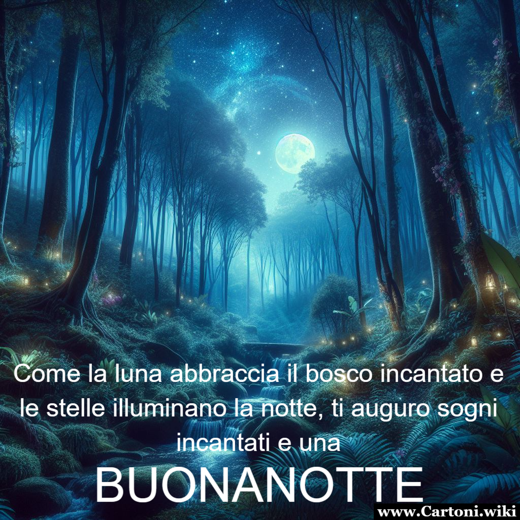 Buonanotte dal bosco incantato Immagine buonanotte da condividere: offri un momento di pace e serenit attraverso l'immagine suggestiva di un bosco che rappresenta un dolce invito a chiudere la giornata con tranquillit. - Immagini gratis