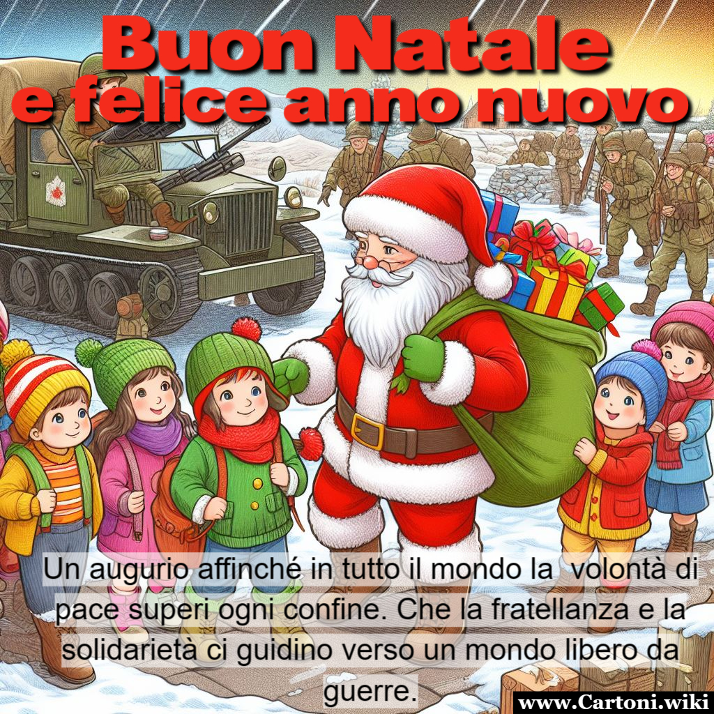 Un Natale di Speranza: Babbo Natale porta la Pace nei Cuori dei Bambini del Mondo Immagine buon natale e felice anno nuovo con immagine di babbo natale che distribuisce i regali ai bambini che vivono nella guerra e una frase di auguri per la pace e la serenit a tutti i bambini del mondo - Immagini gratis