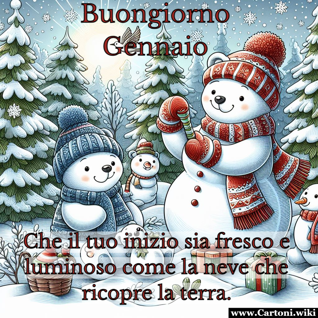 Buongiorno Gennaio Buongiorno, gennaio! Che il tuo inizio sia fresco e luminoso come la neve che ricopre la terra. 
Questa dolce frase accompagna l'immagine, aggiungendo un tocco di calore e positivit al risveglio di chiunque la incontri. Gennaio  il momento perfetto per abbracciare la freschezza dell'inverno e lasciare che la luce del nuovo anno risplenda nelle nostre giornate. - Immagini gratis