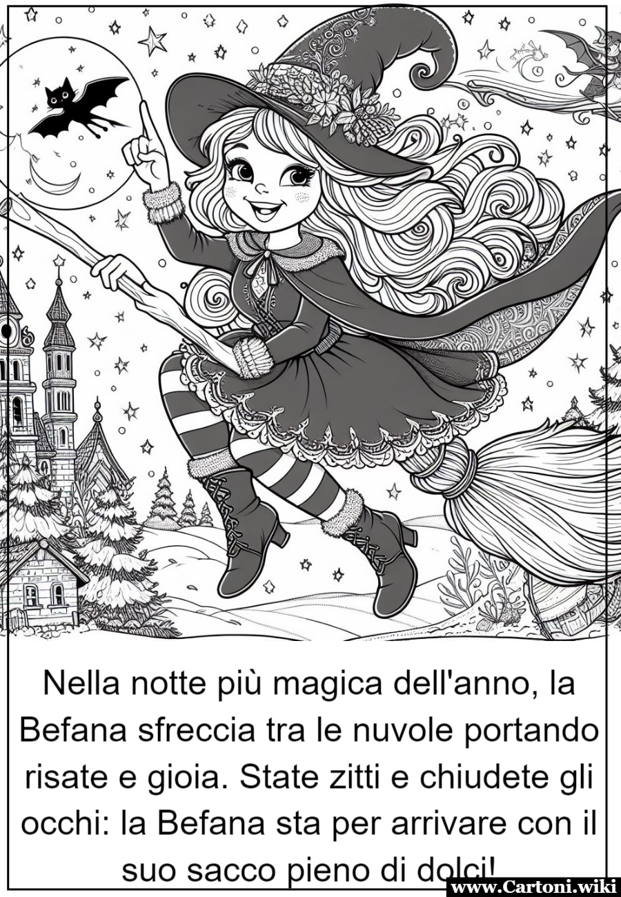 Disegni e immagini da colorare della Befana Colora la magia della Befana con questo disegno incantevole! Nella notte magica, la Befana porta risate e dolci. Scarica i disegni da colorare della befana e dai vita alla gioia con i tuoi colori preferiti. - Immagini gratis