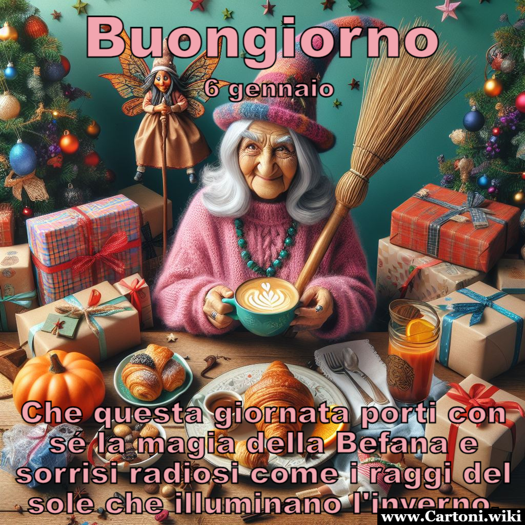 Buongiorno 6 gennaio con la Befana Che questa immagine della Befana che fa colazione diventi il tuo invito a condividere la magia di questo giorno con chi ami. Buongiorno, 6 gennaio! Che la tua giornata sia illuminata dalla luce della Befana e colma di sorrisi radiosi! - Immagini gratis