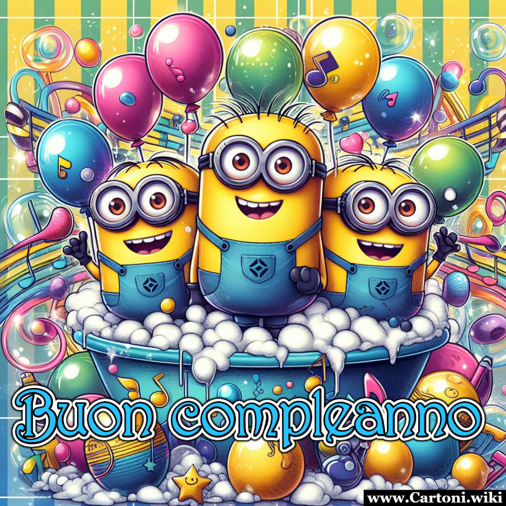 Buon Compleanno con i Minions: Un'Esplosione di Allegria tra Bolle di Sapone e Palloncini Immagine Buon compleanno con i Minions immersi tra bolle di sapone e palloncini colorati. Biglietto di auguri unico e speciale - Immagini gratis