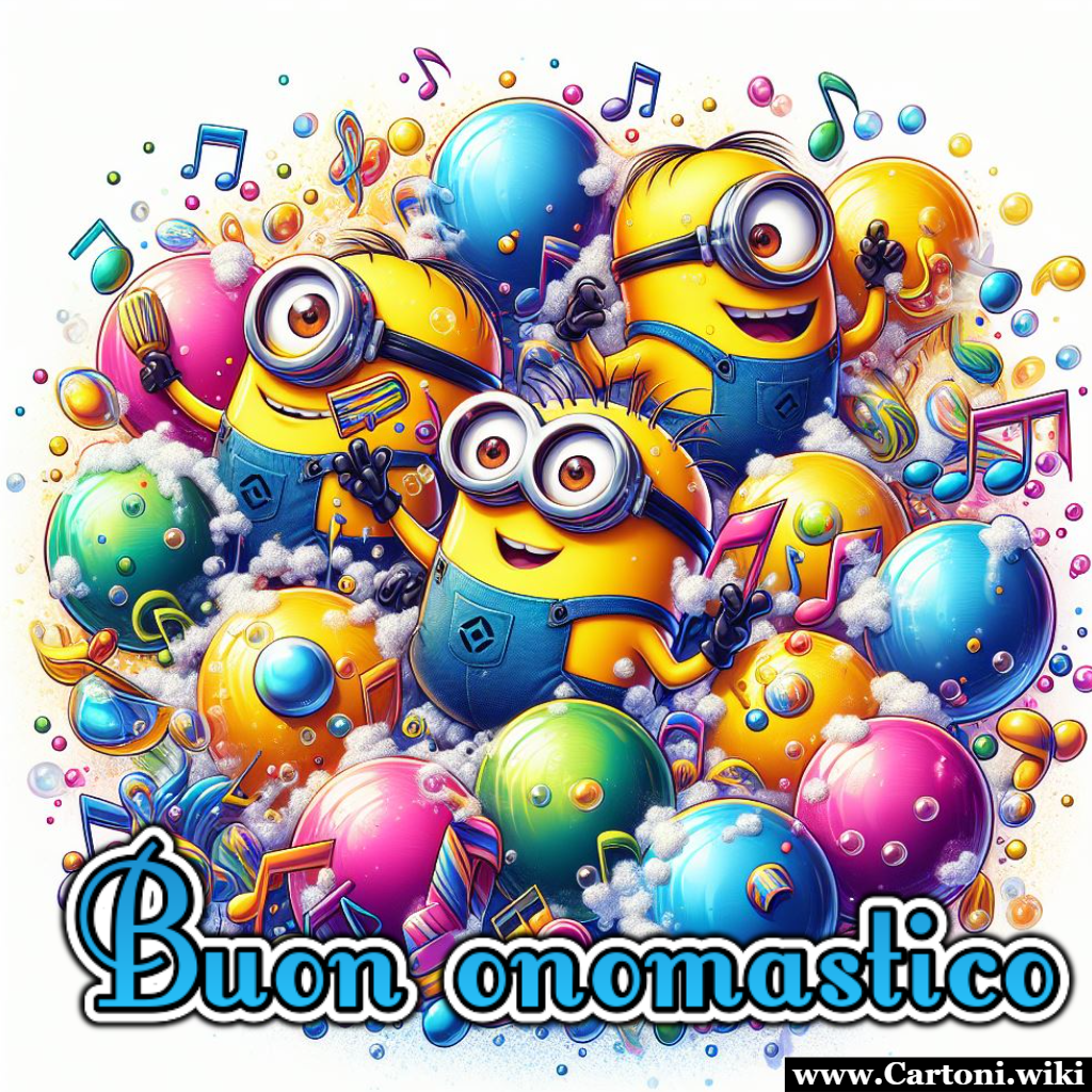 Buon onomastico con i Minions tra mille palloncini e colori Buon onomastico con i Minions: biglietto di auguri personalizzabile. - Immagini gratis