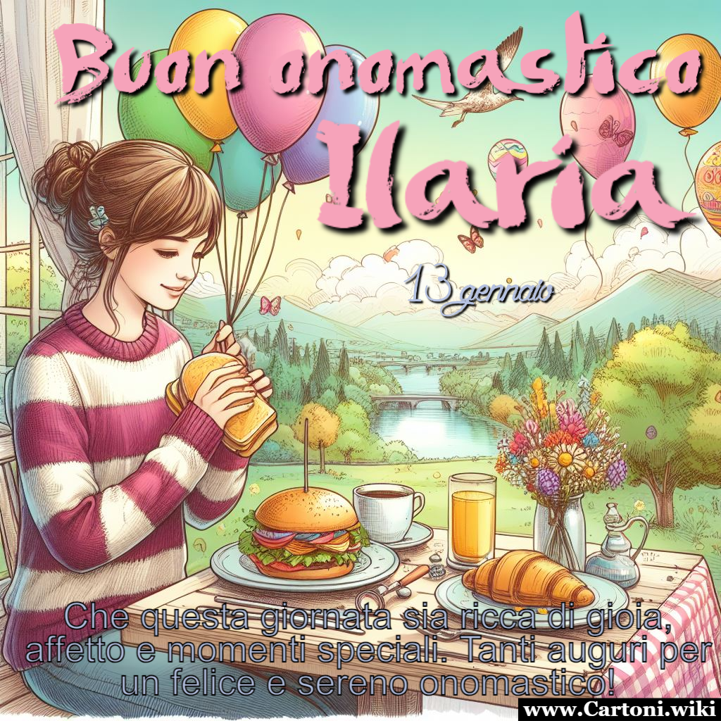 Ilaria buon onomastico Un biglietto id auguri affettuoso a Ilaria in occasione del suo onomastico il 13 gennaio. Un immagine carica di affetto e gioia. Buon onomastico, Ilaria! - Immagini gratis