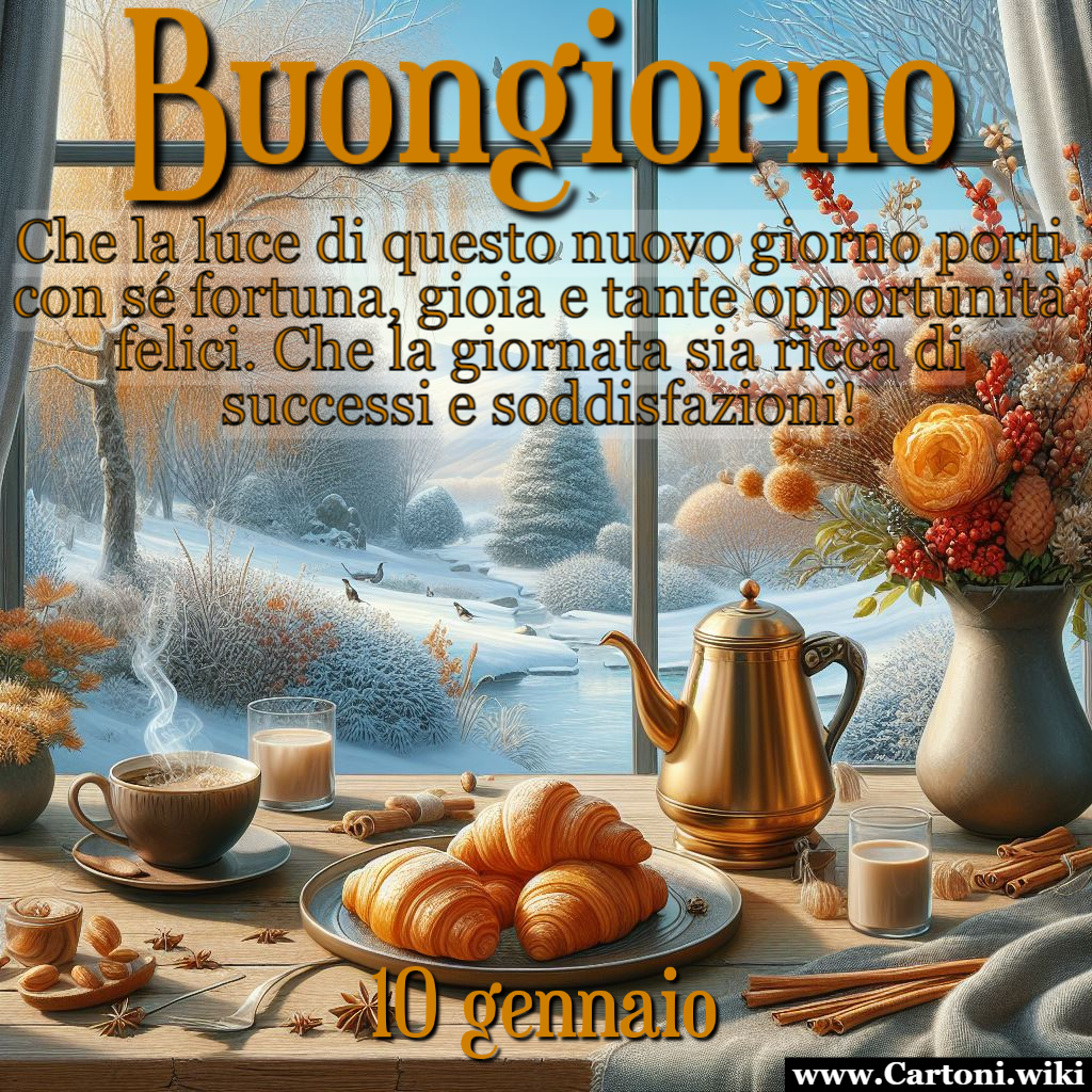 Buongiorno 10 gennaio Buongiorno a tutti! Oggi, 10 gennaio,  un giorno speciale. Che la luce di questa giornata porti fortuna, gioia e tante opportunit. Auguro a ciascuno di voi successi e soddisfazioni. Diffondiamo positivit e amore in questo nuovo giorno!  - Immagini gratis