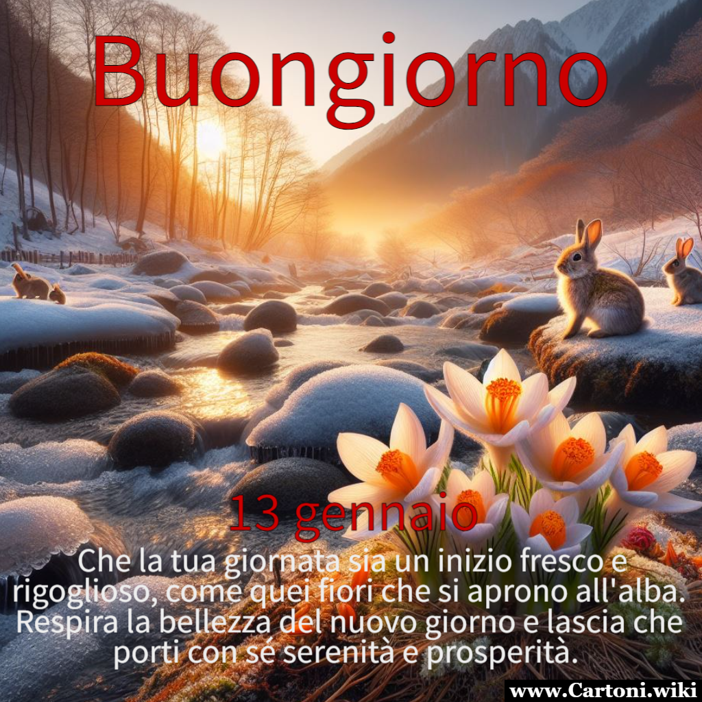 Buongiorno 13 gennaio Immagine buongiorno 13 gennaio con fiori che sbocciano ai primi raggi di sole e un ruscello... - Immagini gratis