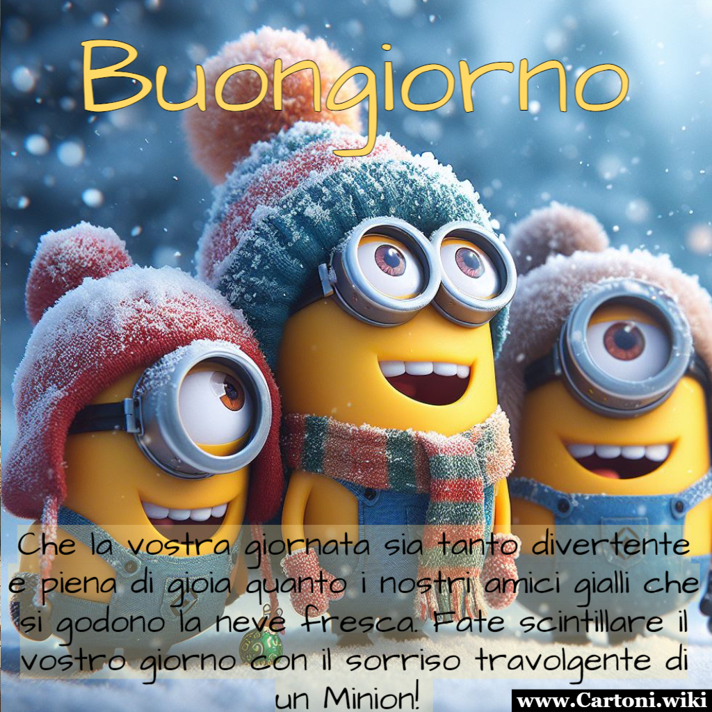 Un buongiorno ricco di gioia con i Minions sotto la neve Un buongiorno incantevole con i Minions avvolti in cappelli e sciarpe colorate, immersi in un mondo di neve fresca. I piccoli amici gialli trasmettono una gioia travolgente, facendo scintillare la giornata con il loro entusiasmo contagioso.  - Immagini gratis