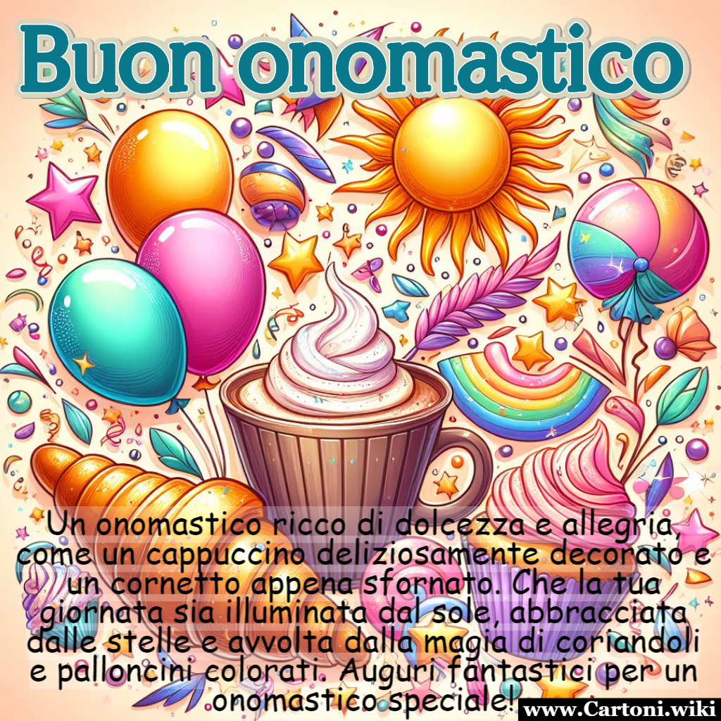 Buon onomastico con dolcezza e magia Immagine buon onomastico con dolci coriandoli sole e tanti palloncini colorati per degli auguri unici e magici - Immagini gratis