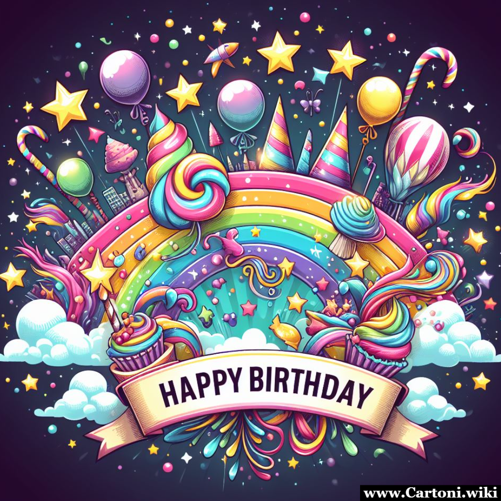 Happy birthday con un arcobaleno e zucchero filato Happy birthday da condivider esu whatsapp per gli auguri di buon compleanno con arcobaleno stelle e zucchero filato. - Immagini gratis