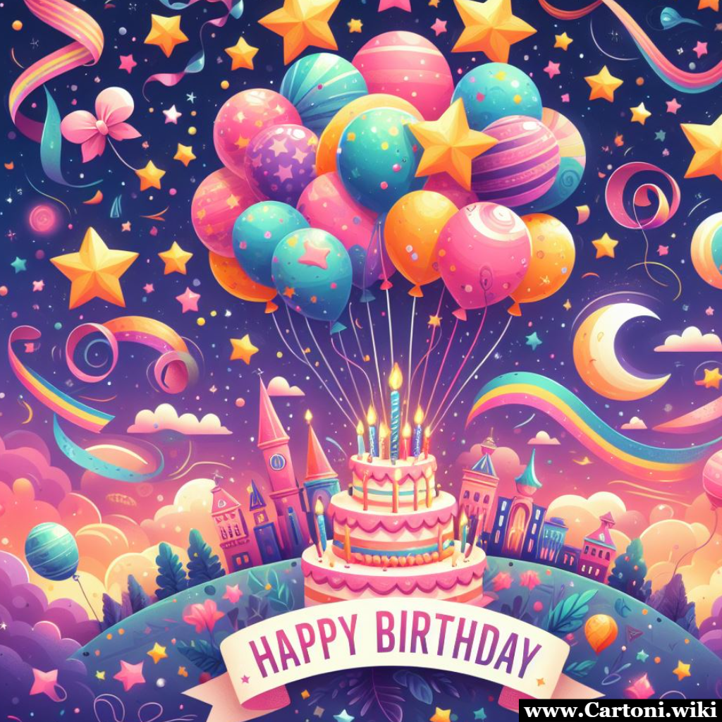 Happy birthday con torta e tanti palloncini colorati