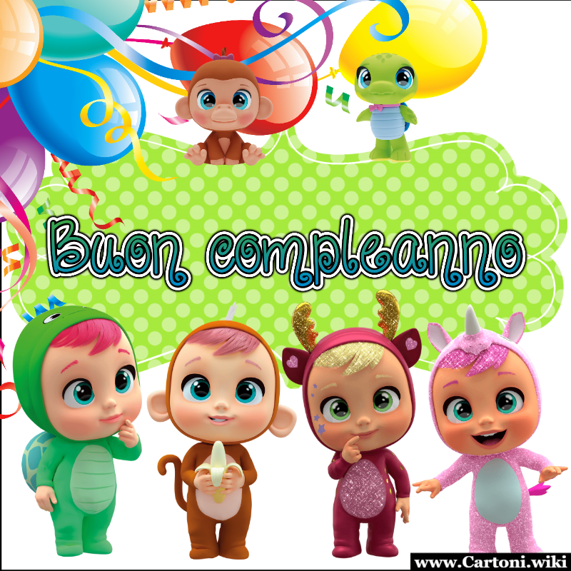 Buon compleanno con Cry Babies Immagine buon compleanno con i personaggi della linea di bambole Cry Babies per bambini dai 3 ai 7 anni. - Immagini gratis