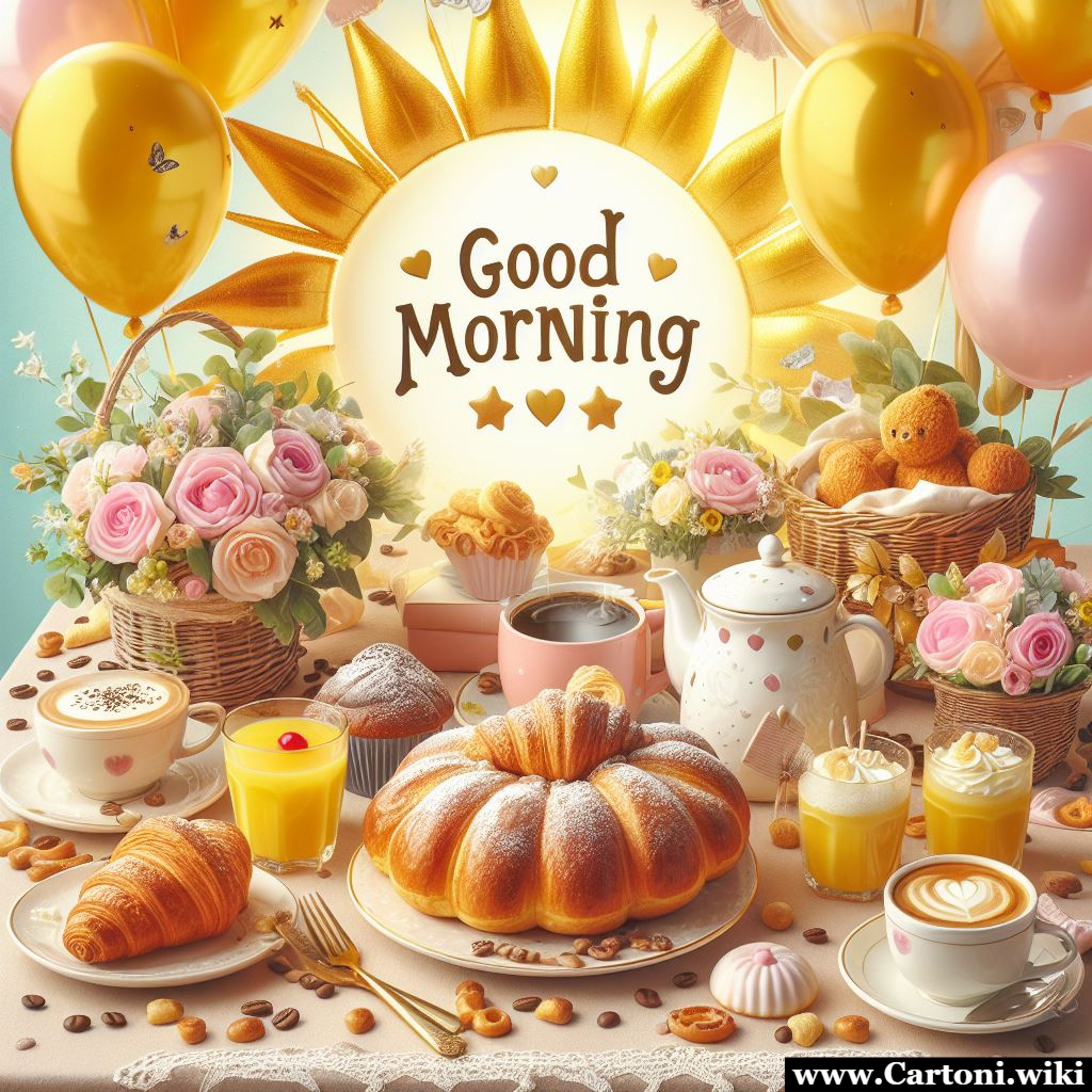 Good morning immagine buongiorno Immagine good morning per augurare buongiorno a tutti gli amici con un sole splendende e un tavolo ricco per la colazione. - Immagini gratis
