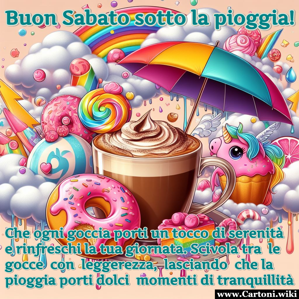 Buon sabato sotto la pioggia Condividi la magia di un Sabato sotto la pioggia con questa immagine: caff avvolgente, ombrelli colorati, fulmini e pioggia trasformano la giornata grigia in un'esperienza di serenit. - Immagini gratis