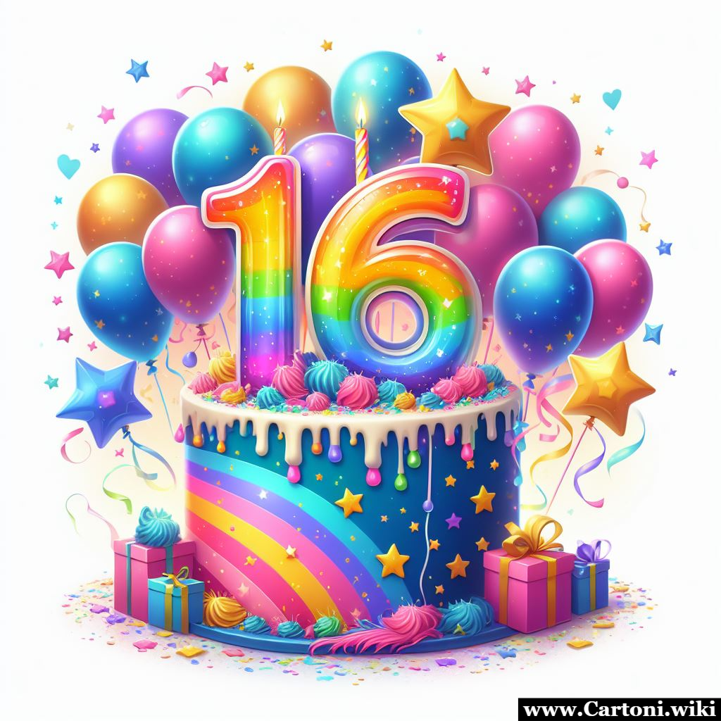 Invito compleanno 16 anni Immagine colorata con una torta di compleanno  palloncini e il numero 16 per creare inviti feste di compleanno unici e personalizzati.  - Immagini gratis