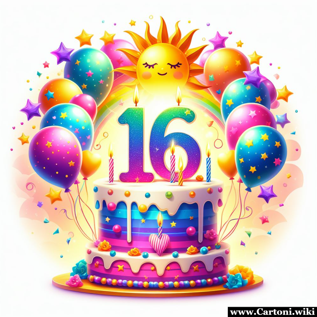Immagini buon compleanno 16 anni Immagine buon compleanno 16 anni con torta palloncini e coriandoli da scaricare e condiviere. - Immagini gratis