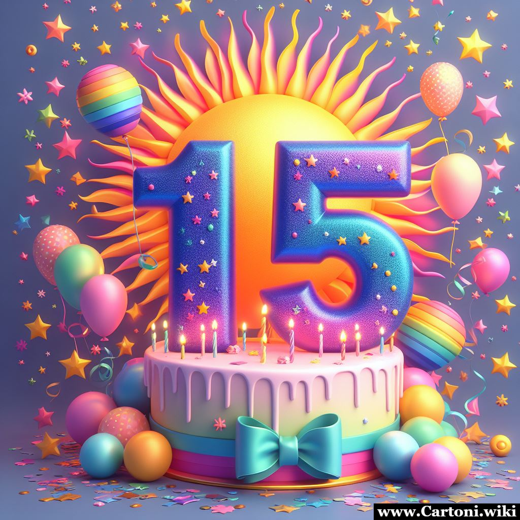 Buon compleanno 15 anni Il biglietto di auguri con la torta, i palloncini e il numero 15  un augurio speciale per un quindicesimo compleanno. Che questo giorno sia dolce come la torta, allegro come i palloncini e ricco di promesse e opportunit mentre inizi questo nuovo e emozionante capitolo della tua vita. Buon compleanno! - Immagini gratis