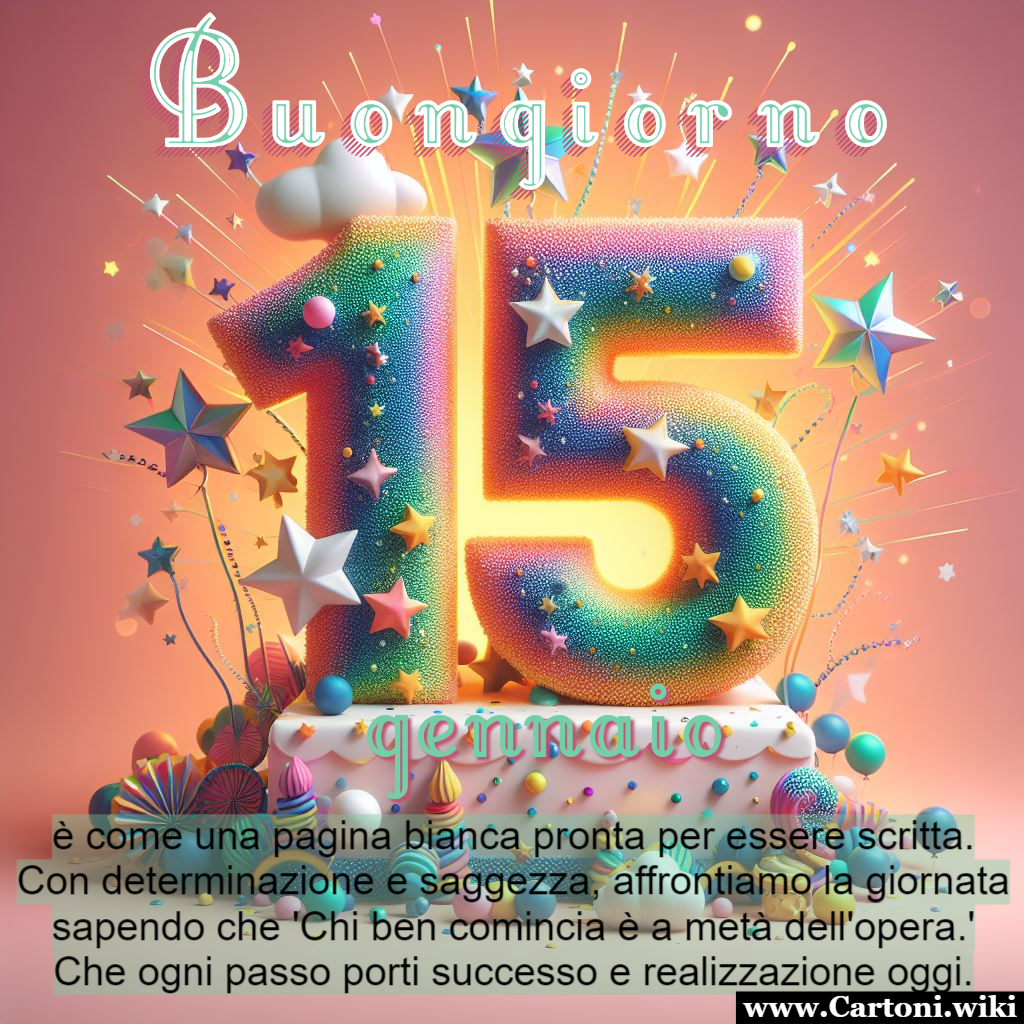 Buongiorno 15 gennaio con sogni e sfide Buongiorno e buon 15 gennaio! Il 15 gennaio  davvero una pagina bianca che possiamo riempire con determinazione e saggezza. Che ogni passo compiuto oggi sia un passo verso il successo e la realizzazione. Concludi l'articolo incoraggiando il lettore a affrontare la giornata con il cuore leggero e la mente chiara, pronti a scrivere un capitolo indimenticabile.  - Immagini gratis