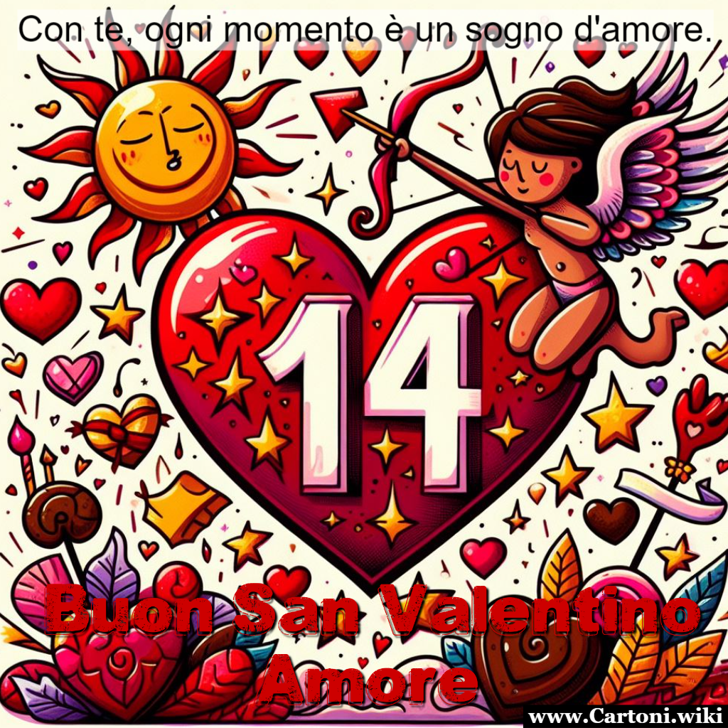 Buon San Valentino Amore sei il mio sogno Buon San Valentino Amore sei la mia dolce melodia d'amore! Immagine da condividere il 14 febbraio con cupido, cuori rossi e cioccolato. - Immagini gratis