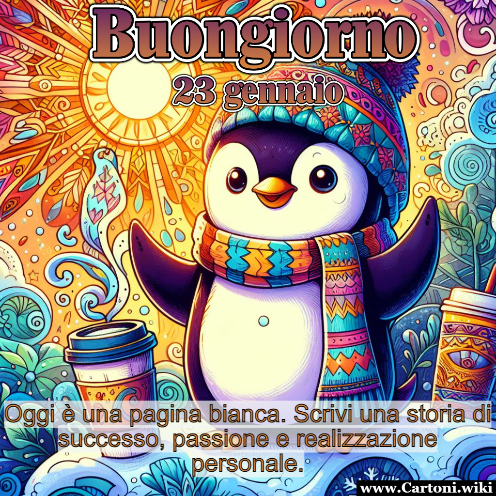 Buongiorno 23 gennaio: il tuo successo inizia oggi Buongiorno, e che il 23 Gennaio sia il primo capitolo di una storia epica e appagante! Il 23 Gennaio  una data speciale perch  il giorno in cui inizia la tua nuova storia. Sii l'autore coraggioso, il protagonista appassionato e il narratore ispirato della tua vita. Scrivi una storia che rifletta la tua autenticit e il tuo potenziale illimitato. - Immagini gratis