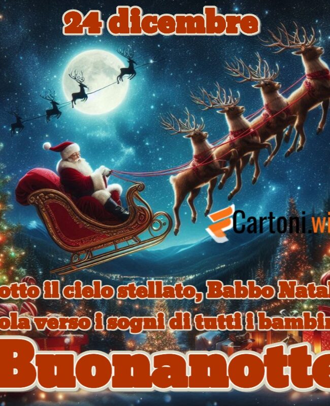 Frase buonanotte per il 24 dicembre con babbo natale che vola con la slitta ne cielo stellato
