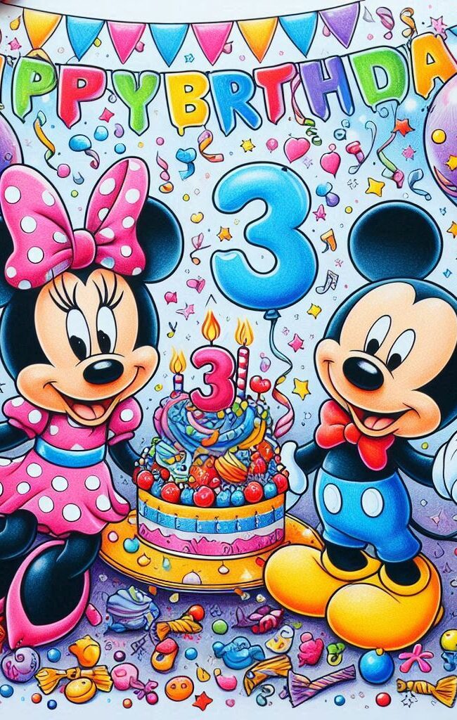 Con Topolino e Topolina, tra palloncini e una torta deliziosa, ti auguriamo una giornata piena di colori e di allegria! Che questo nuovo anno di vita ti porti tante risate, tante avventure e una montagna di amore. Tanti auguri per i tuoi 3 anni!