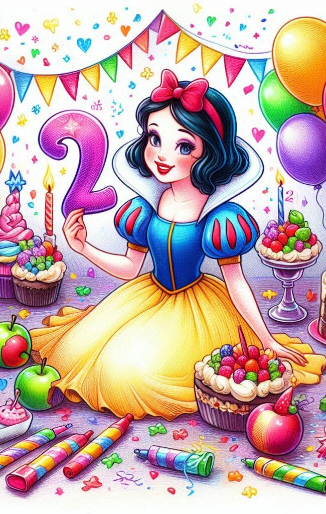 Biancaneve con palloncini colorati il numero due e tanti dolci. Biglietto di auguri bambina che compie 2 anni