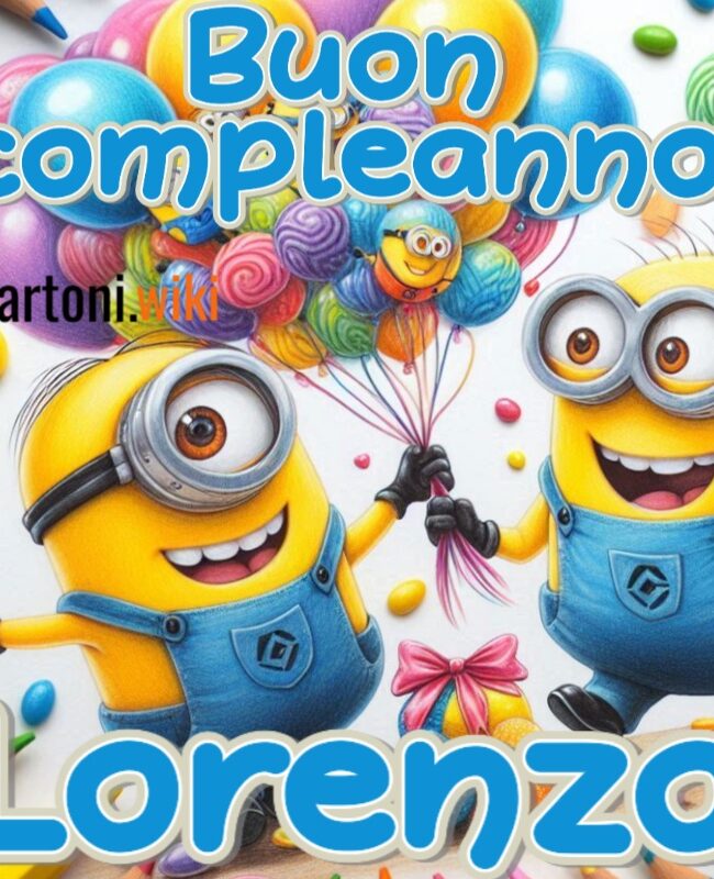 Buon compleanno Lorenzo con gli spensierati Minions che si divertono con palloncini e coriandoli