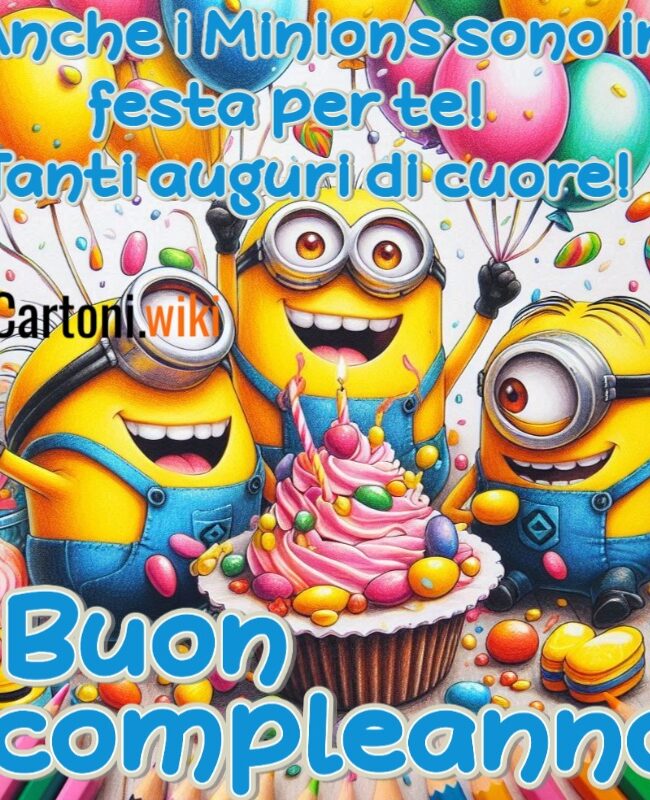 Buon compleanno con i minions in allegria con palloncini e coriandoli