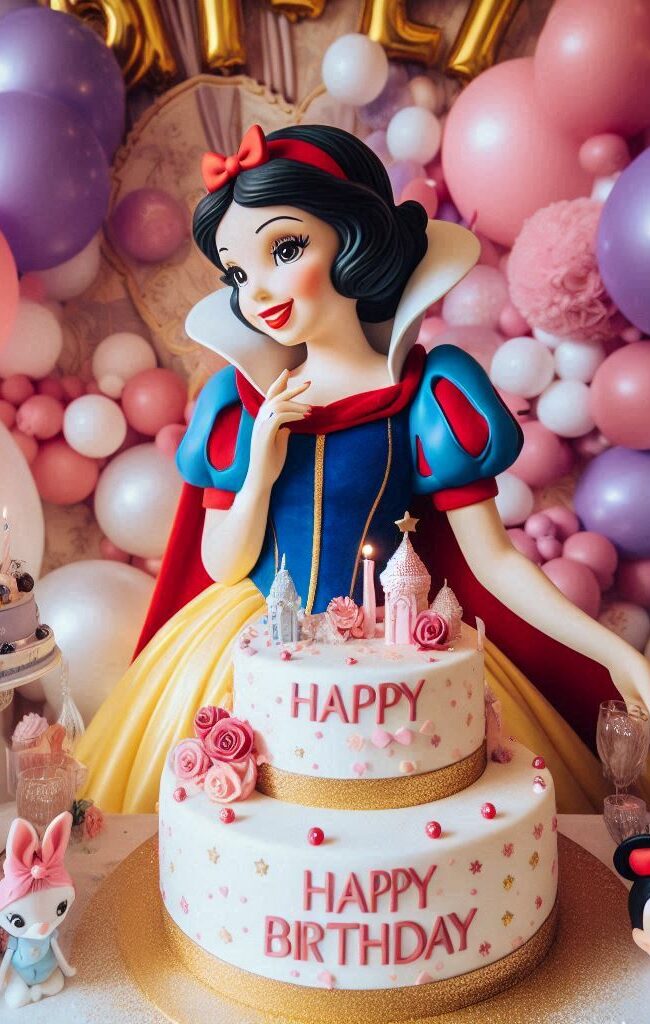 Happy birthday con la principessa Biancaneve circondata da palloncini e una torta a più piani per realizzare un biglietto di auguri.