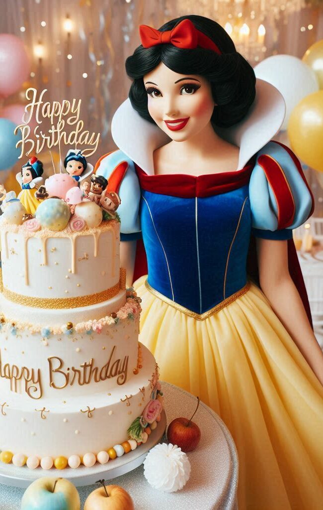 Biglietto di auguri con Biancaneve e una torta a più piani con la scritta happy birthday per un biglietto di auguri da personalizzare