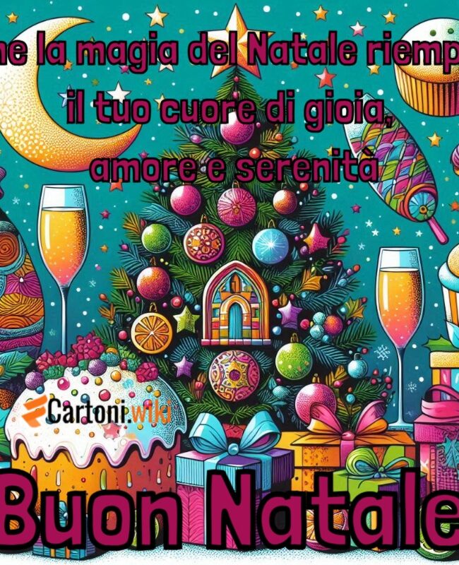 Buon Natale con frase che la magia di natale di riempia di gioia e serenità su immagine di albero di natale circondato da sole luna, regali e champagne