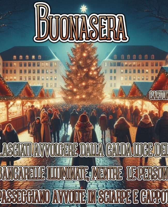Buonasera dal magico mercatino di Natale! Lasciati avvolgere dalla calda luce delle bancarelle illuminate, mentre la neve scende delicatamente e le persone passeggiano avvolte in sciarpe e cappotti. Che la bellezza dell'albero di Natale decorato al centro di questa scena incantevole riempia il tuo cuore di gioia e serenità. Buonasera a tutti!