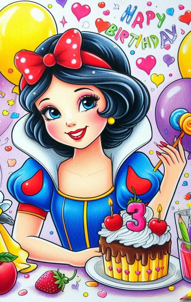 Biancaneve e una torta di compleanno con il numero 3 e tanti palloncini. Immagini di auguri buon compleanno 3 anni