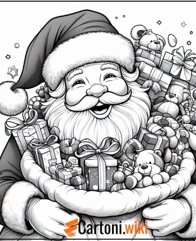 Babbo Natale che sorride felice, con un sacco gonfio di regali pronti per essere distribuiti