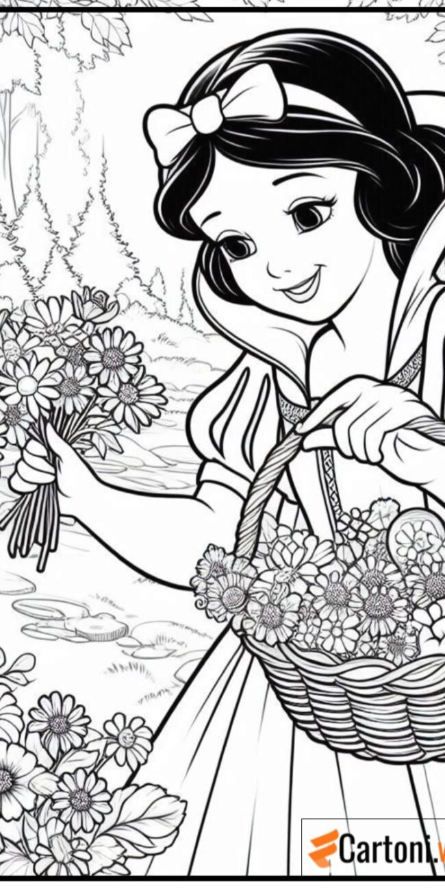 Disegno da colorare della principessa Disney Biancaneve che raccoglie fiori con un cesto in mano