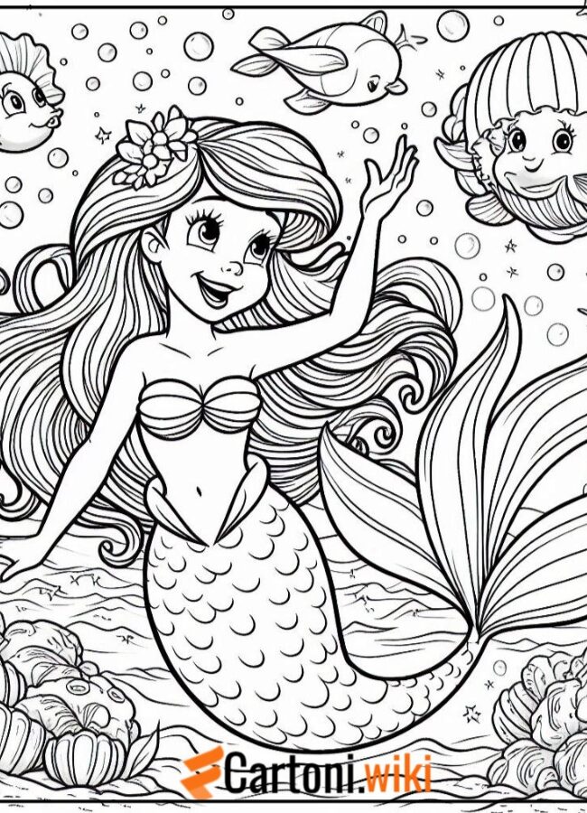 In questo disegno da colorare, Ariel si diverte nel mare, circondata da stelle marine e pesci colorati. Immagini ariel da colorare