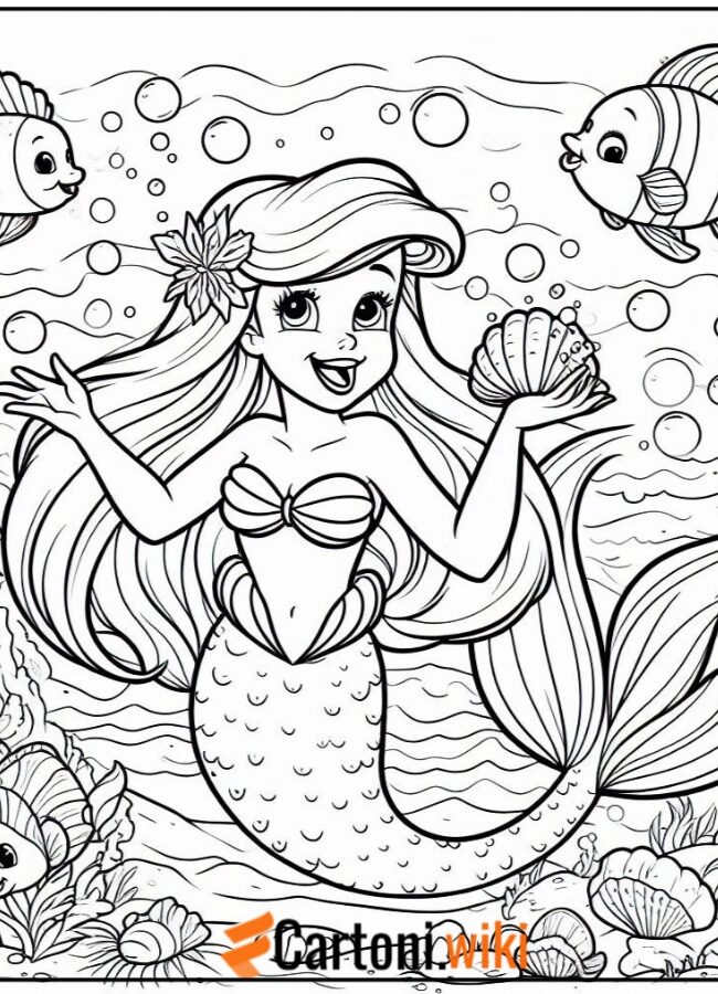 disegno da colorare, la Sirenetta si diverte nuotando tra le onde del mare, circondata da pesci e creature marine.