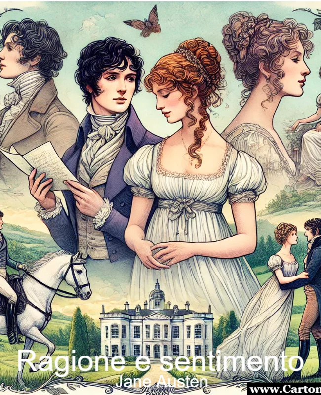 Illustrazione basata sulla storia di Ragione e Sentimento di Jane Austen, che ritrae le sorelle Dashwood nel contesto della loro complessa e affascinante vicenda