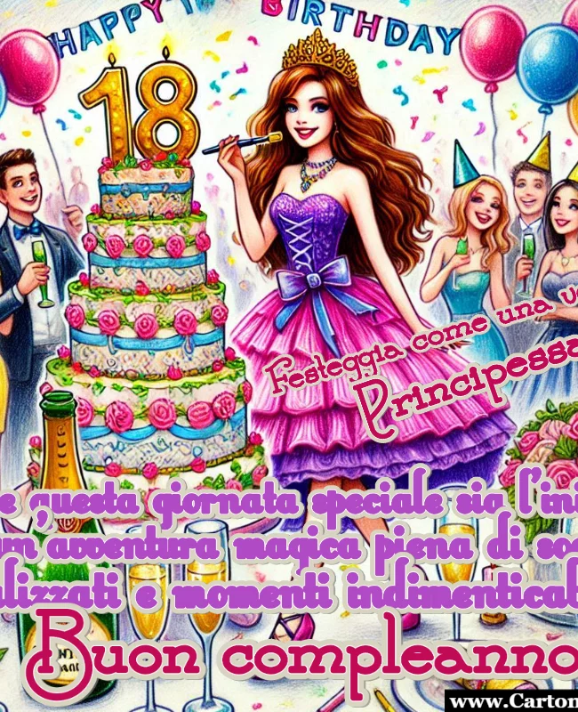 Buon compleanno 18 anni biglietto di auguri per una principessa da dedicare ad una ragazza speciale con torta palloncini e festa