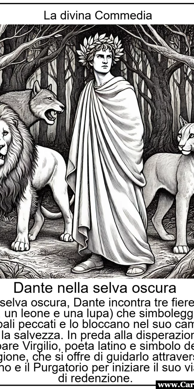 Disegno della Divina Commedia: Dante Alighieri nella selva oscura incontra le tre fiere