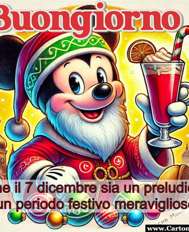 Buongiorno 7 dicembre con Topolino vestito da san Nicola con un cocktal e barba per dedicare una frase speciale