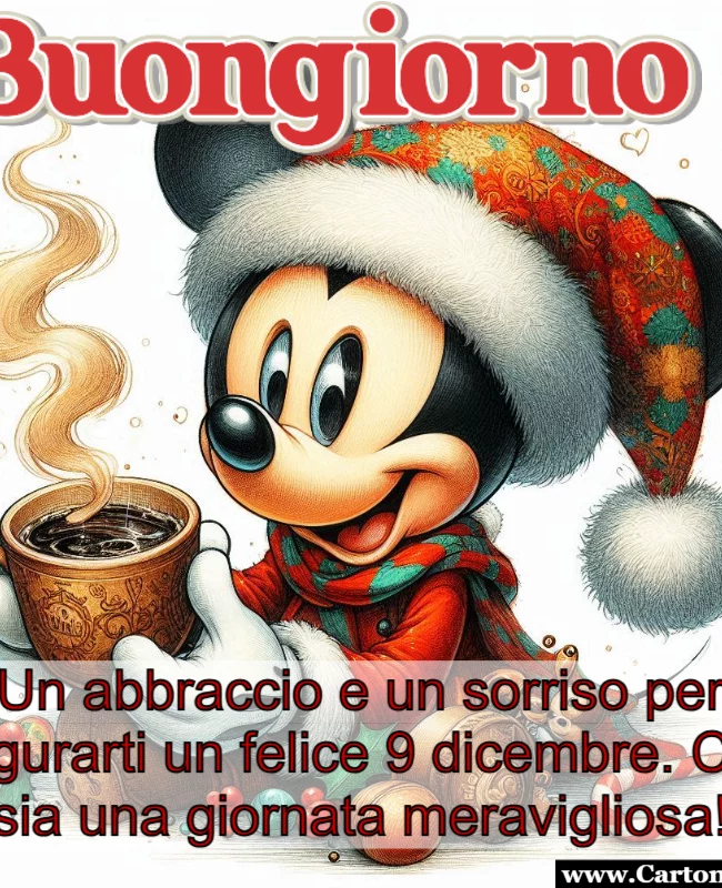 Buongiorno 9 dicembre con Topolino che beve il caffè