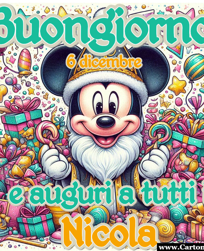 Immagine buongiorno per il 6 dicembre con topolino nei panni di san nicola e la frase buongiorno e auguri a tutti i nicola