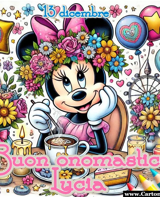 Immagine buon onomastico Lucia con topolina e tanti fiori colori candele e palloncini